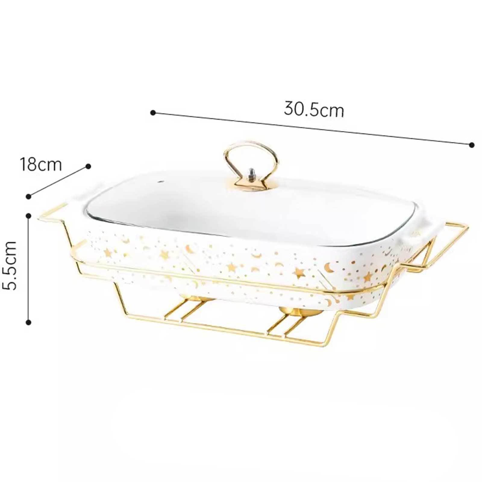 Ceramiczne Naczynie Do Zapiekania Ze Szklaną Pokrywą, Forma Do Pieczenia Z Uchwytami, Naczynia Do Pieczenia Dla Home Decor Ze Złotym Stojakiem, Tace Do Podgrzewania Na Bufet,White-Medium