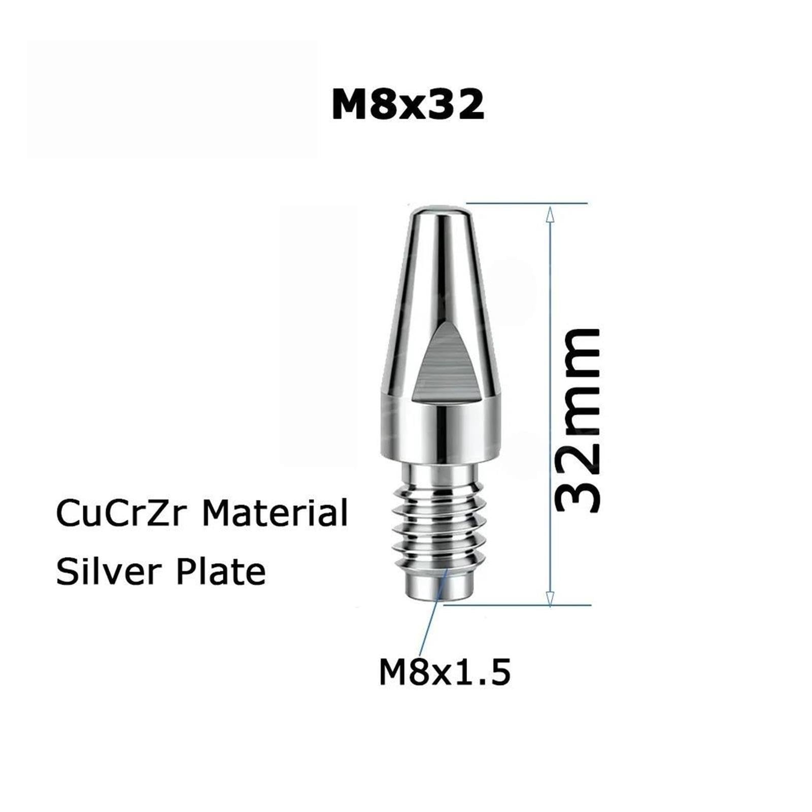 MIG MAG GMAW Punta di contatto M8x1,5 Filettatura M8x32mm Testa di saldatura standard(0.8mm(0.030),Silver Plate,10 Pcs)