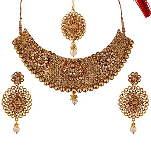 Efulgenz Indian Bollywood Traditional 14 K Gold Plated Crystal Wedding Bridal Choker Necklace Earrings Maangtikka Jewelry Set