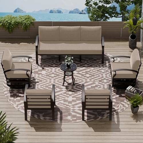Image of Patio Furniture Set 6-Piece Aluminum Armrest Sofa, All-Weather Patio Conversation Set with Tempered Glass Top Table & Removable Sponge Cushions for Backyard Poolside-Sand