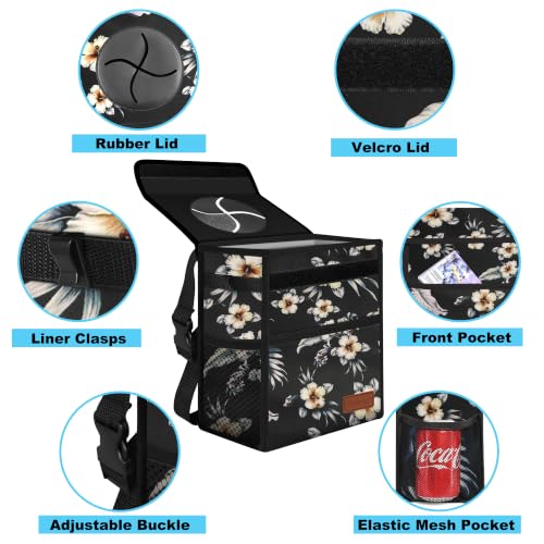 Image of Femuar Leak Proof Car Trash Can with Lid, Collapsible Hanging Waterproof Car Trash Bag with Mesh Pocket for SUV Front Seat Headrest, Large /Hibiscus Flower