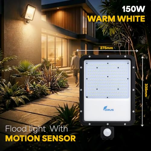 Image of Forus 150W LED Flood Light Warm White with Motion Sensor Auto On Off Day Night Mode Waterproof Outdoor Security Light for Garden Parking Garage Factory Shop High Bright Floodlight 4Yr Warranty-1Pc