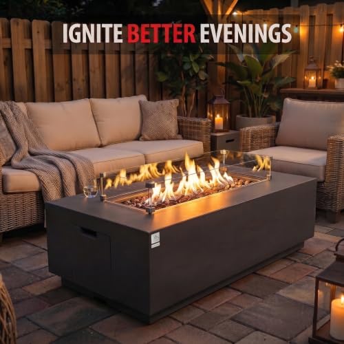 Image of AMS 66 inch Rectangular Concrete Propane Gas Fire Pit Table Bundle, Dark Gray