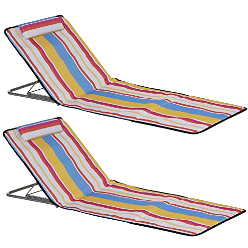Outsunny Set de 2 Esterillas de Playa Plegables 124x53x50 cm con Respaldo Ajustable y Reposacabezas Esteras de Playa Portátil de Tela Oxford Acero con Bolsa de Transporte para Balcón Jardín Multicolor