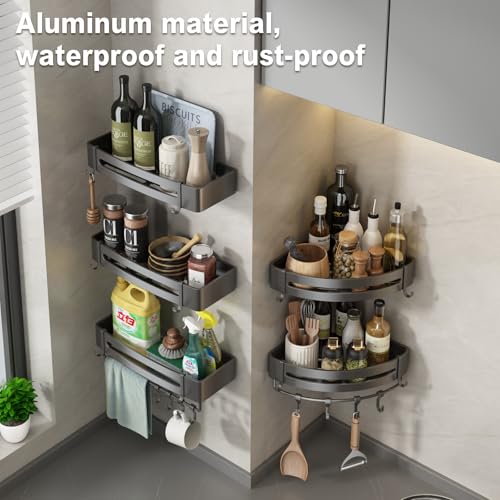 Image of Mustorn Bathroom Organiser Without Drill Wall Mounted Washroom Storage Organizer Adhesive Corner Bath Shelves Gray Bathroom Stand Rack Caddy for Shower Rust-proof with Towel Bar (2-Pack, Triangle)