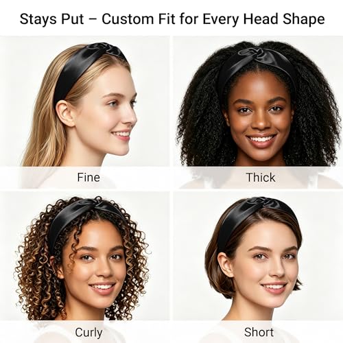 Image of ZLYC Mulberry Silk Headband for Women's Hair Elastic Hairband, Solid Black