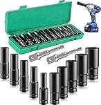 12 Pcs Deep Impact Socket Set, 8-24 MM Hex Long Socket Set 1/2 Inch Impact Wrench Socket Set Comes with Impact Driver Extension Bar for Home Car Repair