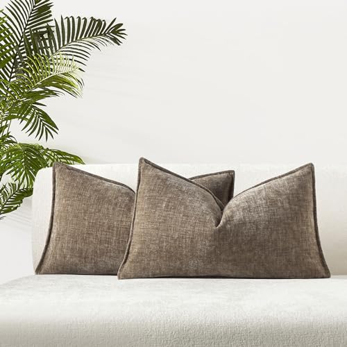JUSPURBET Set of 2 Stone Chenille Lumbar Throw Pillow Covers 16x24 Inch Soft Textured Decorative Cushion Cases for Couch Sofa Bed Solid Home Decor Pillowcases