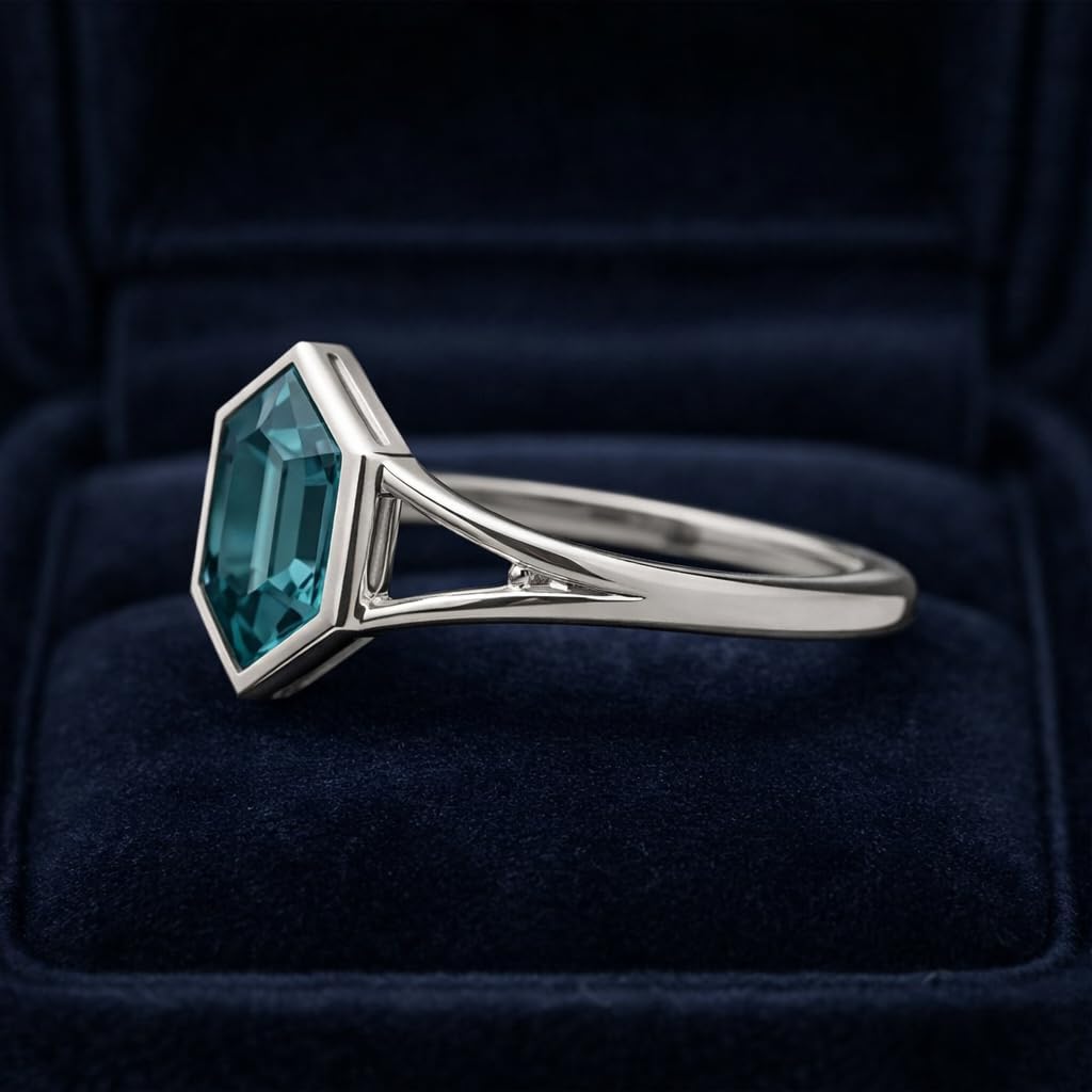 Hexagon Teal Sapphire Ring in 14k White Gold Geometric Bezel Set Engagement jewelry Modern Minimalist Teal Sapphire Statement Ring Gift For Her