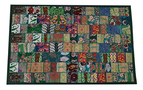 Image of Ekam Art Embroidery Patchwork Design Home Decor Cotton Rectangular Wall Hanging Beaded Tapestries 40 X 60 Inch (Green)
