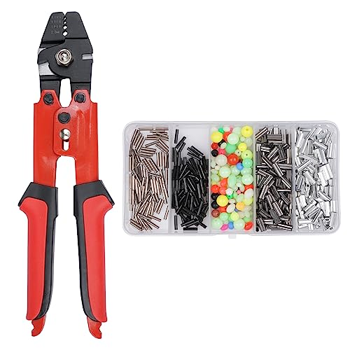 Fishing Crimping Tool Kit Fishing Crimping Pliers + 400pcs Crimp Sleeves Fishing Leader Rigging Wire Line Cutter Crimping Tool 10in High Carbon Steel Crimper Swager
