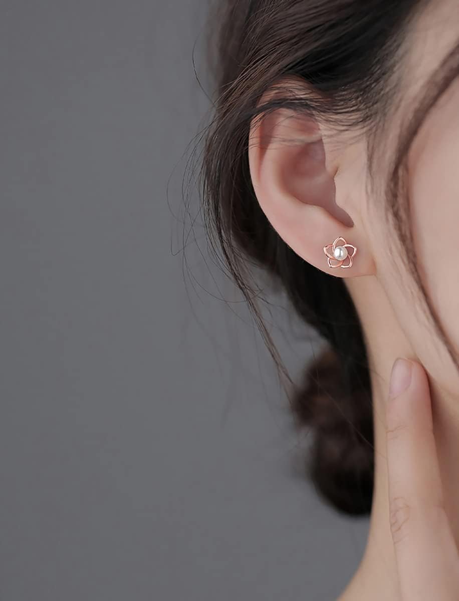 Reffeer 925 Sterling Silver Small Pearl Flower Earrings Studs for Women Teens Unique Petite Flower Studs Earrings - Image 2