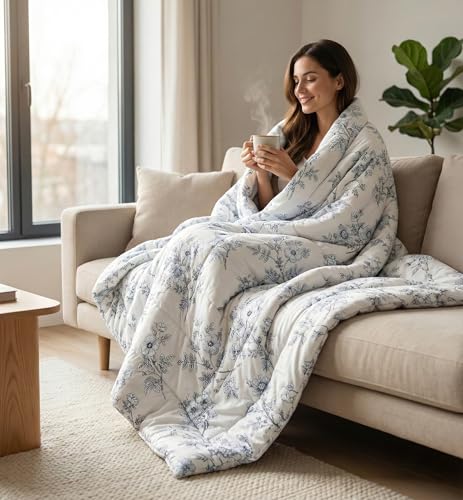 Image of SANMARINO 300GSM Reversible Cotton AC Comforter /Duvet | Floral Pattern, 3-Layer Quilted All-Season Blanket for Double Bed (250 x 225 cm) | 2.5 kg (Pearl Off White)