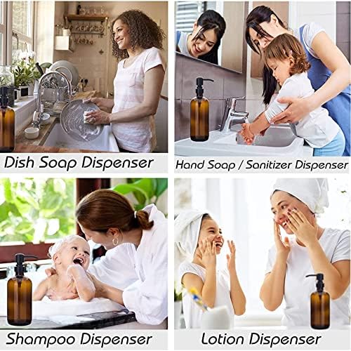 Amber Glass Pint Jar Soap Dispenser 1pack, Thick 500ML Boston Bottles Matte Black Rustproof Stainless Steel Pump, Round Bottles Dispenser with Waterproof Lable for Essential Oil Lotion
