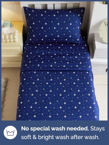 Image of Kids Twin Size Starry Bed Sheets - 3 Piece Kids Starry Sheet Set - Celestial Night Bedding - Ultra-Soft, Cute & Cozy - Breathable & Machine Washable - Navy Bed Set for Boys, Girls, Teens & Toddlers