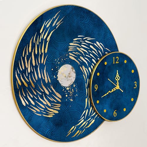 Image of PAINTINGMANTRA Nordic Moon Fish Round Wall Painting with Clock for Living Room Decoration, Clock with Painting Circular Gold Metal Finish Stylish Large Wall Art Print (28x22 Inches)