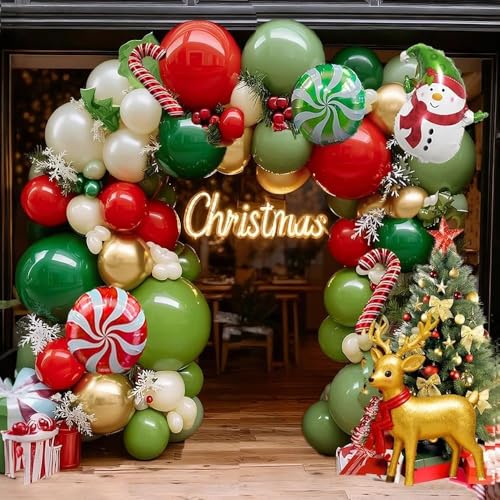 Christmas Balloon Arch Kit, Double Stuffed Sage Green Red White Gold Pearl Balloon Garland Cane Santa Claus Balloons for Xmas Christmas Holiday New Year Birthday Party Decorations