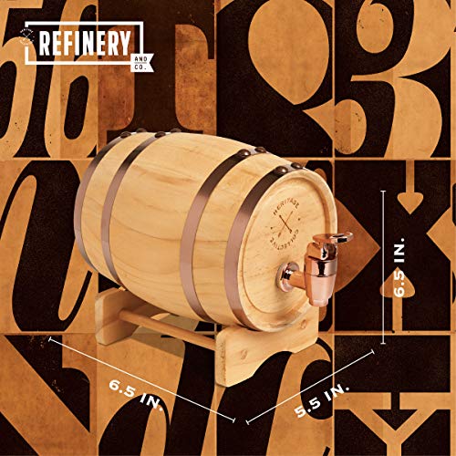 REFINERY AND CO Miniature Wood Whiskey Barrel Dispenser 800 ml/27 fl oz Volume, for Serving and Entertaining, Table Home Accent Display & Storage of Spirits, Liquors (Standard version)