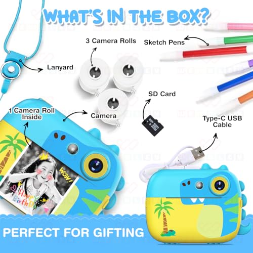 Image of Wembley 8MP Instant Print Digital Camera for Kids 3 4 5 6, Years Dino Design with Print Paper Rolls 4GB SD Card Shoulder Strap | Video Recorder Games Photo Filters Effects | Perfect for Birthday Gift
