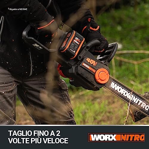 WORX Piła łańcuchowa Nitro 40V (2x20V) | PowerShare | WG385E.9 | Nie obejmuje baterii i ładowarki | Silnik bezszczotkowy | Miecz 40 cm | Hamulec łańcucha i automatyczne smarowanie
