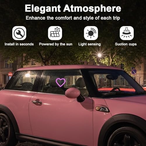 Image of Car LED Ambient Light Heart Shape with Solar & USB Charging - Neon Interior Windshield Decoration Lamp with Light Sensor, 5 Modes & Suction Mount for Cars, Romantic Night Driving Accessory