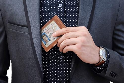 Image of Contacts Genuine Leather Money Clip Wallet Slim Front Pocket RFID Blocking Card Holder Minimalist Mini Bifold for Men's with Smart Pull Strap 8 Card Slots Photo ID (Temp)
