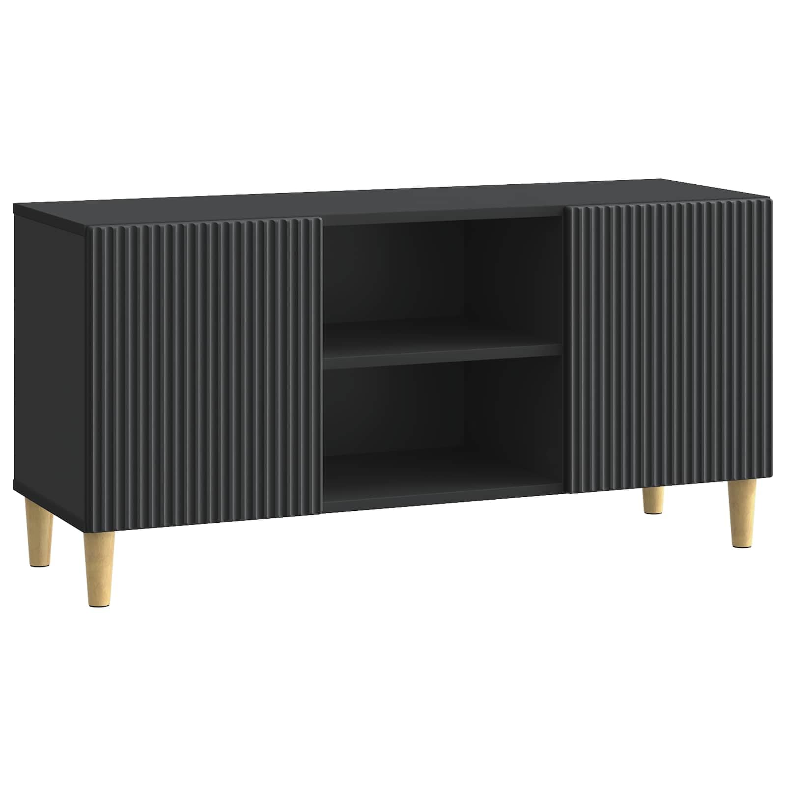 Mobile basso per TV, nero, 102 x 34,5 x 50 cm, in legno | Tavolino TV compatto con ante girevoli e ripiani per soggiorno e camera da letto. Gambe coniche stabili.