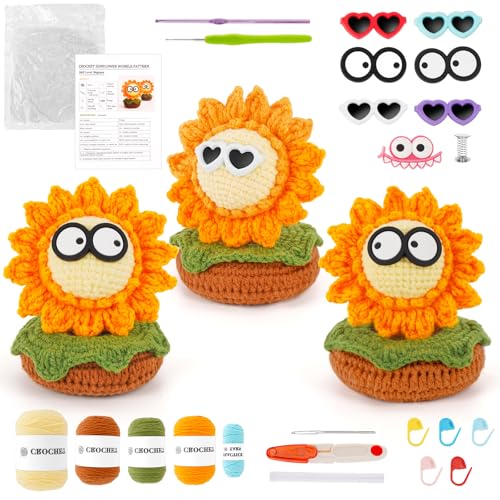 Image of WILSHIN Crochet Kit for Beginners - 3-Pack Sunflower Amigurumi Starter Set with Step-by-Step Video Tutorials, 50% Extra Yarn & Complete Tools - DIY Craft Gift for Adults