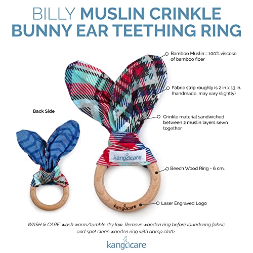 Image of Kanga Care Baby Soft Muslin Sensory Crinkle Bunny Ear Wood Teething Ring - Billy Plaid