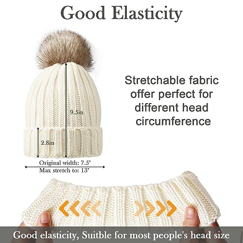 Image of Winter Hats for Women - Beanies Women Winter Hat with Faux Fur Pom Warm Knit Skull Cap Thick Beanie Hat White