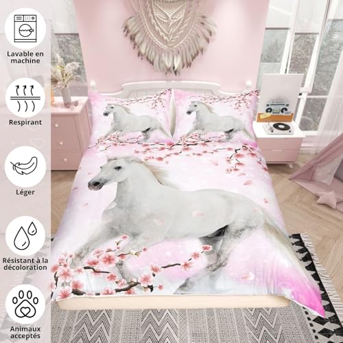 Housse de couette fille et femme cadeau idéal thème cheval et fleurs roses