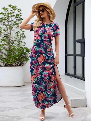 Image of Heymoments Womens Summer Maxi Dress Short Sleeve Casual Loose Long T Shirt Split Vacation Beach Sundress with Pockets
