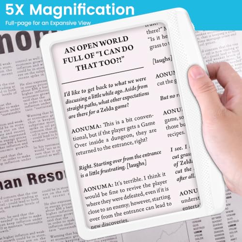 Image of Rechargeable 5X Magnifying Glass for Reading, Large Bright Full Page Magnifier with Light, Handheld LED Dimmable Lighted, Lightweight Book Magnifier for Reading Small Prints Seniors - White