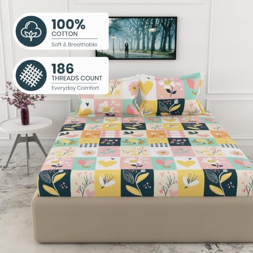 Image of LORETO - A QUALITY LINEN BRAND 186 TC 100% Pure Cotton Double /Queen Fitted Bedsheet with 2 Pillow Covers for 78 x 60 Inch Mattress, All-Around Elastic, 8 Inch Deep Pocket, Pastel Garden
