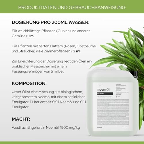 Organisches Neemöl mit natürlichem Emulgator, 1000ml - Gebrauchsfertig, Kaltgepresst, 100% Natürlich, Umweltfreundlich, inkl. Sprühflasche u. Messbecher, Pflanzenpflege für Zimmer- und Gartenpflanzen