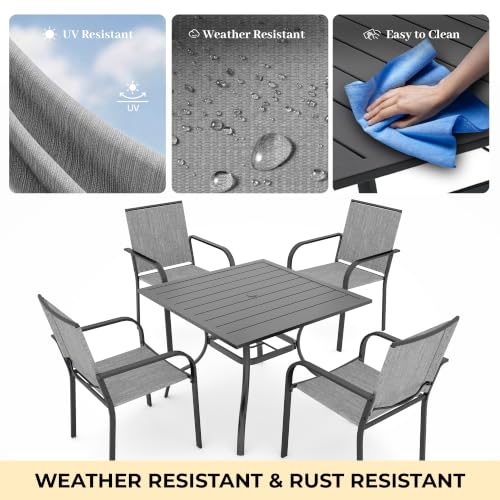 Image of Anmutig 5 Pieces Patio Dining Set, Outdoor Furniture Set Includes 1 Square Patio Table and 4 Stackable Patio Chairs, Outdoor Table and Grey Chairs for Garden Backyard Deck