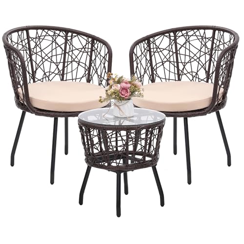 Image of Kromax 3-Piece Patio Modern Bistro Set, Brown /Begie | Outdoor All-Weather Wicker Furniture Chairs and Side Table Set, Ideal for Balcony, Porch and Backyard