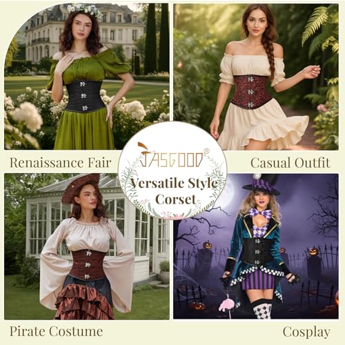 JASGOOD Women’s Black Brown Underbust Corset Belt – Lace-Up Boned Waist Corset Fashion Bustier for Halloween 6