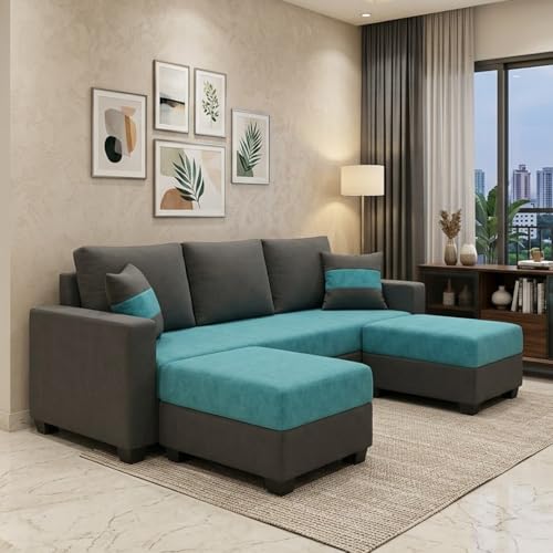 Image of FURNY Oreoy 5 Seater L Shape Sofa Set with 2 Movable Ottoman | Flexible Left or Right Layout | Plush Velvet Fabric (Aqua Blue-Dark Grey) | Perfect for Living Room, Guest Room & Office