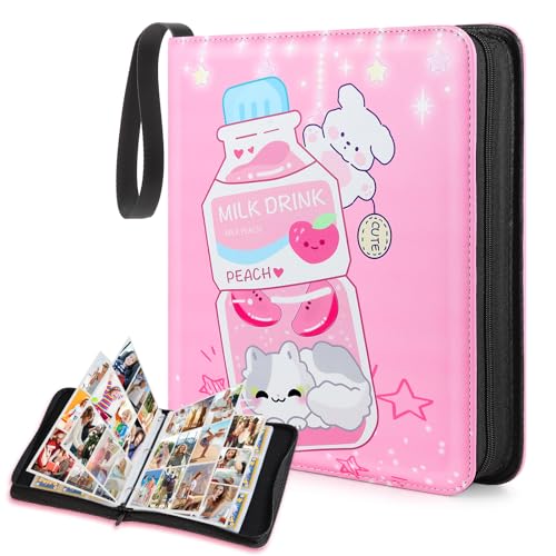 Trading Card Binder,900 Cards Collectible Trading Card Holder Case with 50 Sleeves, 9 Pocket for TCG Game Cards Collection Sports Trading Cards Collector Album (Pink milk bottle, 900 Pockets)