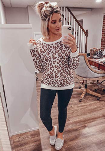 ECOWISH pulôver feminino com estampa de camuflagem casual de leopardo e manga comprida, Coffee, X-La