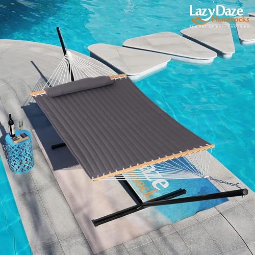 Lazy Daze Hammocks 12 FT Quilted Fabric Hammock with Spreader Bar, 2-Person Double Hammock with Chains and Pillow, Outdoor Hammock for Outside Patio Poolside Backyard Beach, 450 lbs Capacity, Gray