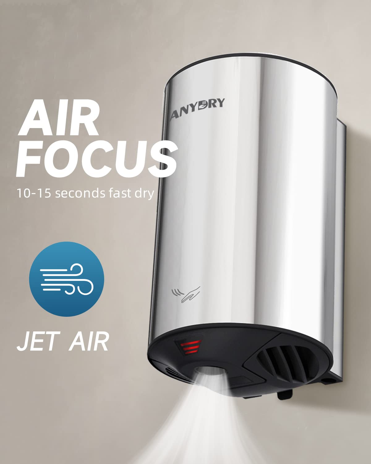 anydry Compatto Asciugamani Elettrico Automatico con Fotocellula,ad Alta velocità Asciugamani ad Aria Lucido Acciaio Inossidabile 1350W