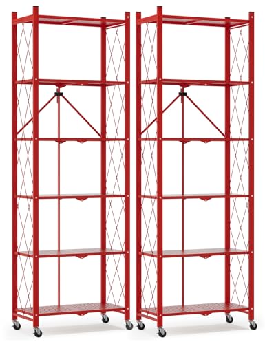 Image of ALANNG 73.6 Inch Folding Bookshelf, 6 Tier Metal Bookcase and Bookshelves | Tall Shelves for Living Room Office Bedroom, Heavy Duty Book Shelve Free Standing Open (Red, 2PACK)