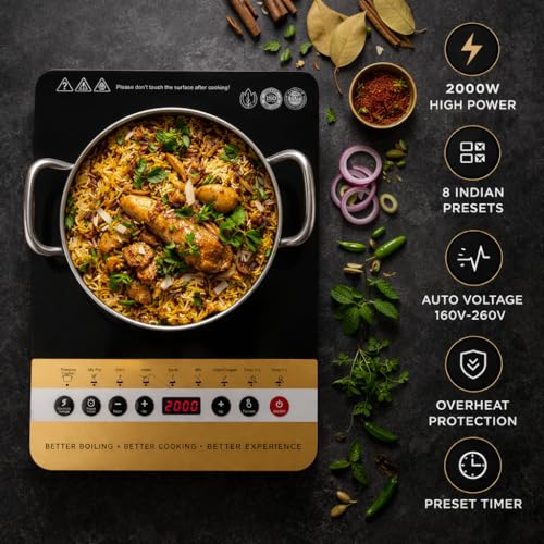 Image of SURYA K STAR 2000W Induction Cooktop with Free Sauce Pan | 8 Indian Cooking Modes | Crystal Glass Top | Auto Shutoff & Overheat Protection | Timer & Temperature Control | Portable Electric Stove