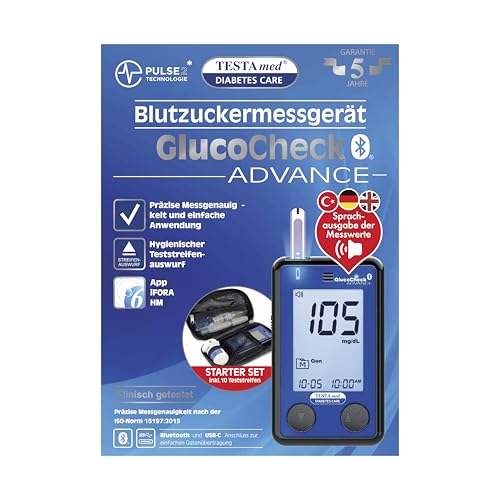 TESTA med DIABETES CARE GlucoCheck Advance Blutzuckermessgerät Starter Paket inkl. Teststeifen und Lanzettengerät Sprachausgabe der Messwerte in Deutsch Türkisch und Englisch mit Bluetooth