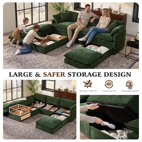 Image of Ihanherry Oversized Sectional Sofa Bed with Storage, 103 inch 6-Seater Modular Cloud Couch with Movable Ottomans, Chenille Deep Seat Sleeper Couches for Living Room (Green)