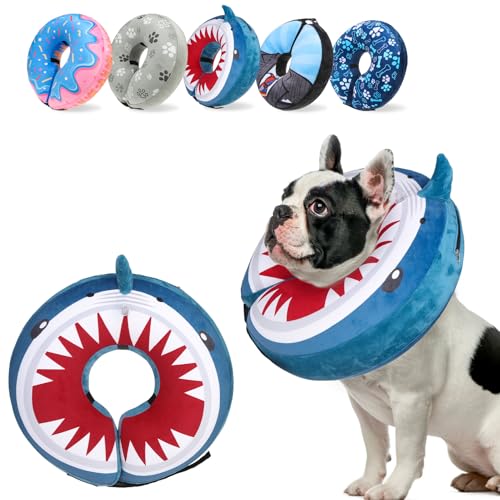 Image of SCENEREAL Dog Cone Alternative After Surgery Pet Recovery Collar for Small Medium Large Dogs Cats, Adjustable Inflatable Donut to Prevent Licking, Shark Print E-Collars