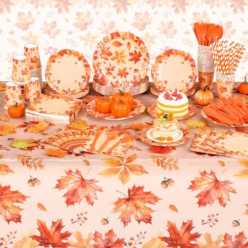 Image of Funnymoom 452 Pcs Thanksgiving Fall Party Decorations, Maple Leaves Thanksgiving Paper Plates Napkins Cups Tablecloth Cutlery Straws for Autumn Fall Theme Birthday Holiday Party Supplies, Serves 50