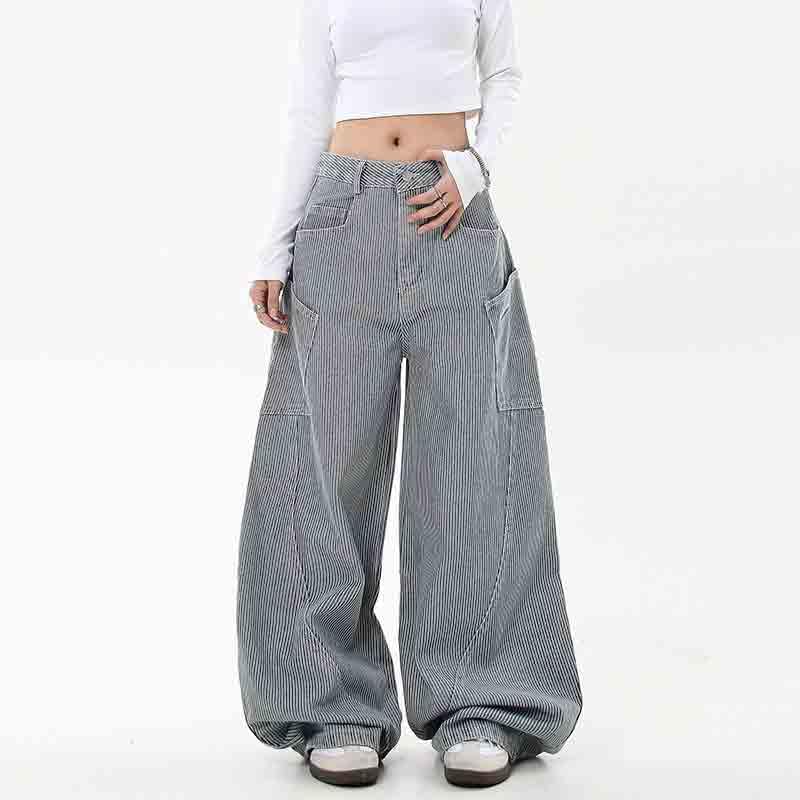 BXCNCKD Women's Retro Striped Jeans with Loose Wide Legs and Large Pockets Cargo Pants Y2K Curved Banana Jeans4